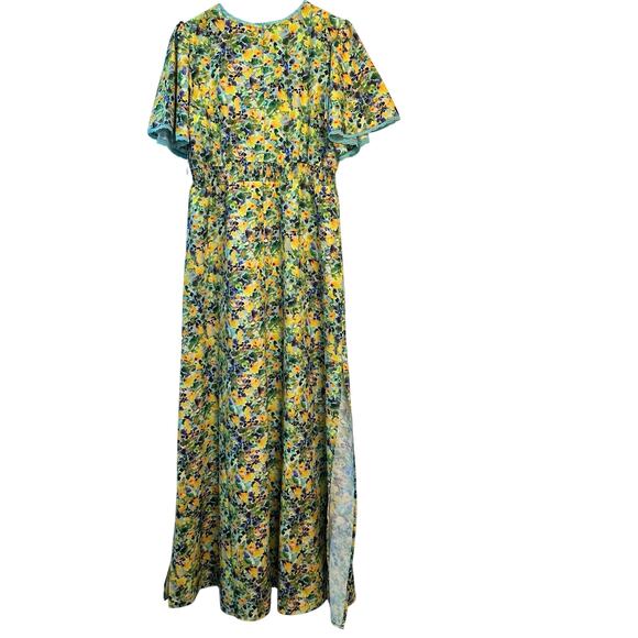 NWT Alexia Admor Maxi Slit Dress Flutter Sleeve Yellow Teal Floral Women’s Sz 6 - Picture 2 of 11